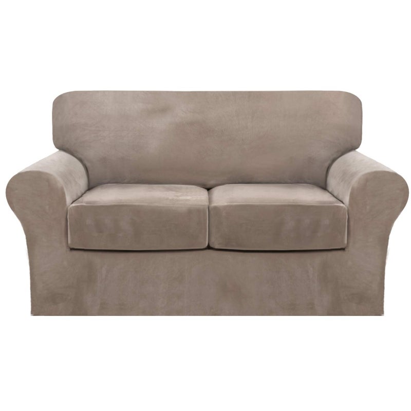 FantasDecor 3 Piece Sofa Covers Velvet for 2 Cushion Couch Stretch Loveseat Slipcover with Individual Seat Elastic Furniture Protector for Pets (Loveseat, Taupe) - Image 1